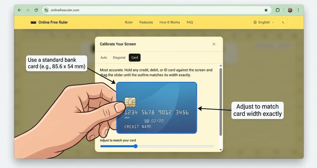 Matching a standard card against the on-screen calibration outline to calibrate the ruler