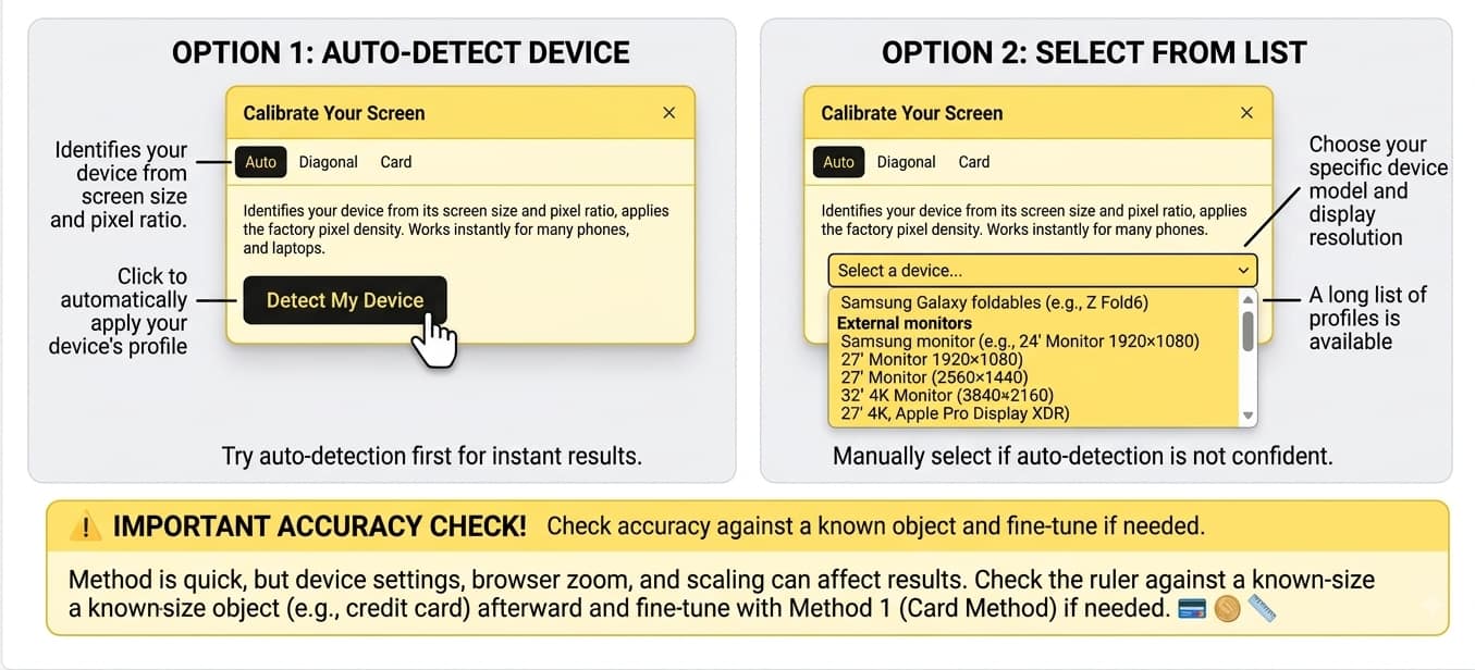 Detecting or selecting the device profile to calibrate the ruler