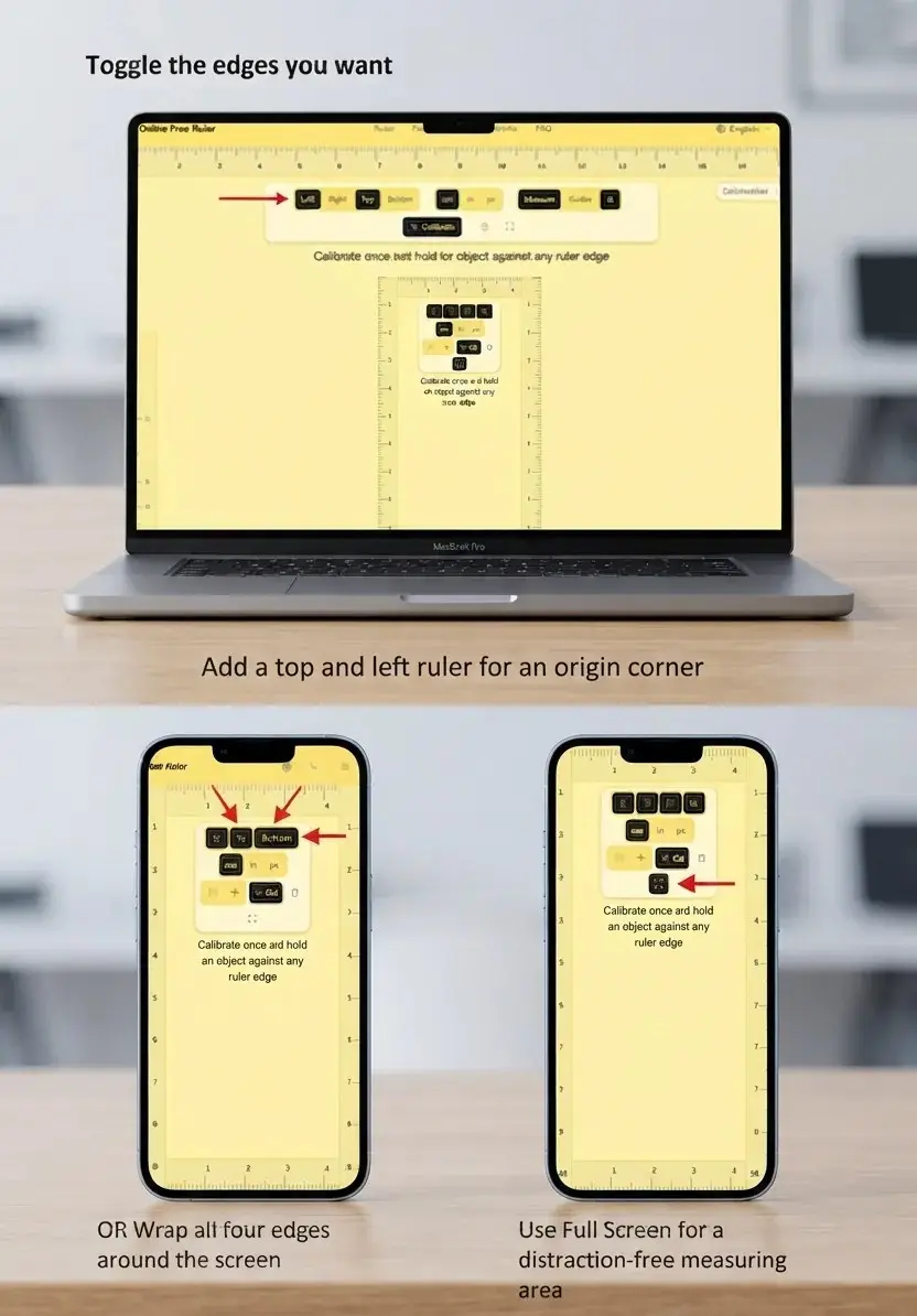 Examples of placing rulers at the top and left edges, around all edges, or in full-screen mode