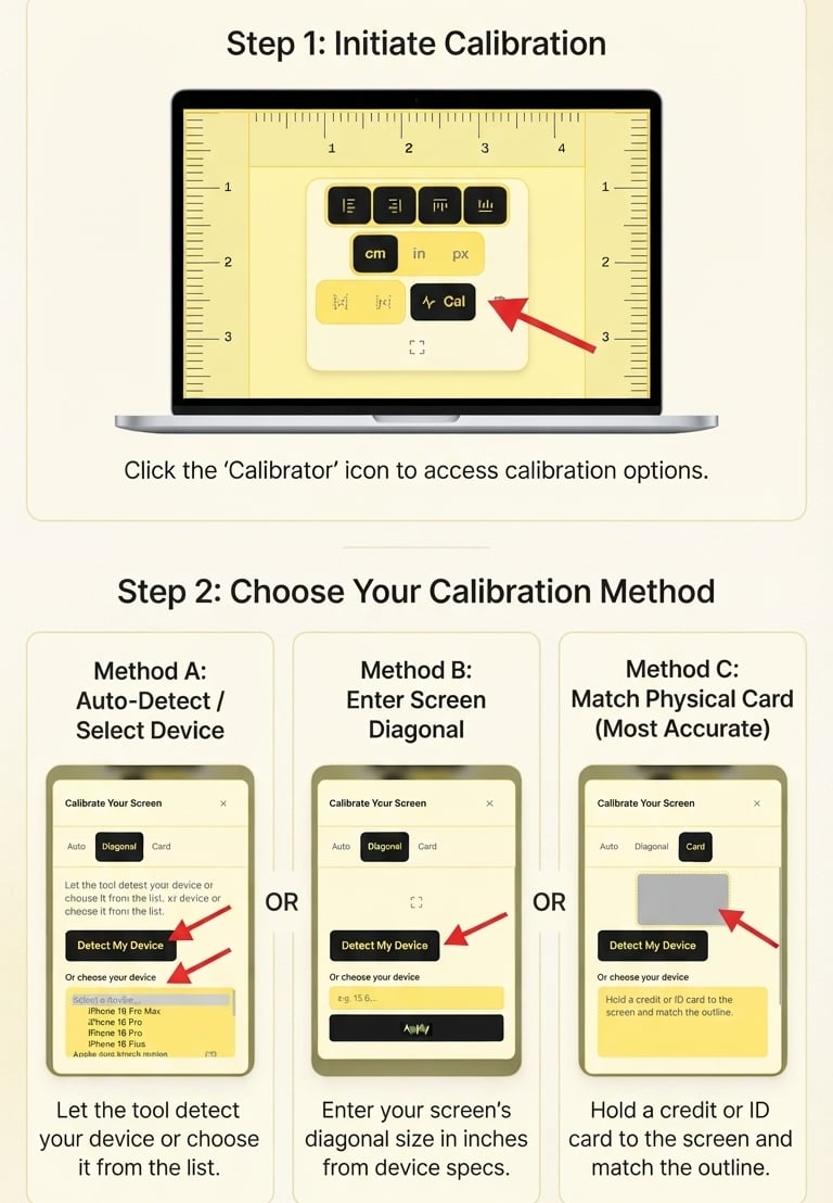 How to open the calibration tools and choose automatic device detection, screen diagonal, or card matching