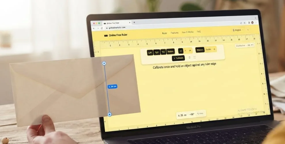 An envelope measured against an online ruler on a laptop screen